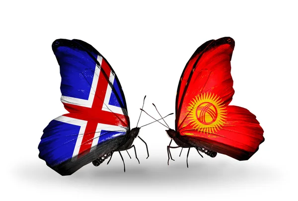 Butterflies with Iceland and Kirghiz flags on wings — Stock Photo, Image