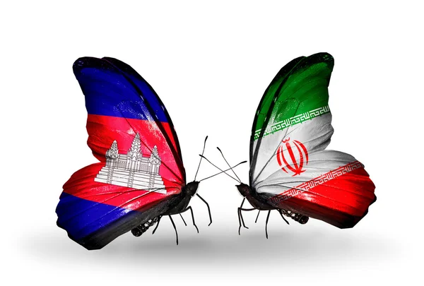 Papillons avec drapeaux Cambodge et Iran sur les ailes — Photo