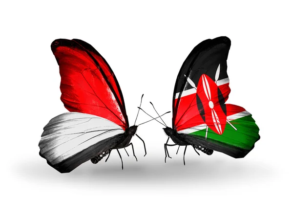 Butterflies with  Monaco, Indonesia and Kenya flags on wings — Stock Photo, Image