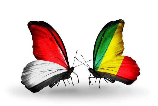 Borboletas com bandeiras Mônaco, Indonésia e Kongo em asas — Fotografia de Stock