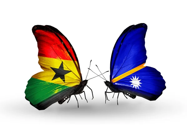Butterflies with Ghana and Nauru flags on wings — Stock Photo, Image