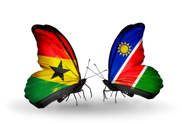 蝴蝶翅膀上的加纳和纳米比亚的标志 — 图库照片