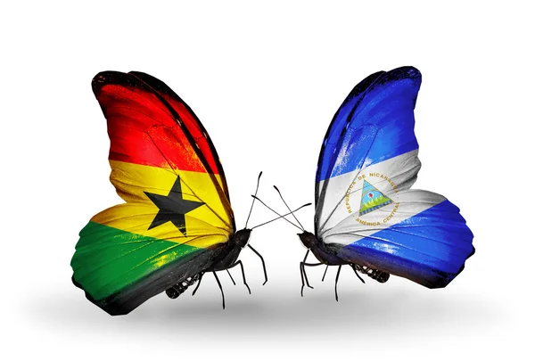 Butterflies with Ghana and Nicaragua flags on wings — Stock Photo, Image