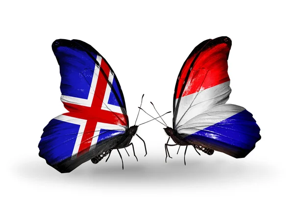 Butterflies with Iceland and Holland flags on wings — Stock Photo, Image