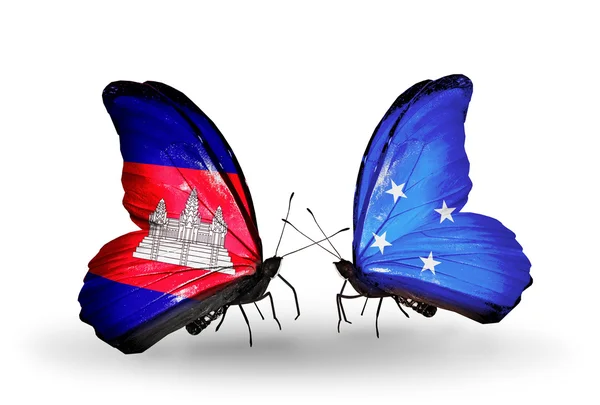 Butterflies with Cambodia and Micronesia flags on wings — Stock Photo, Image