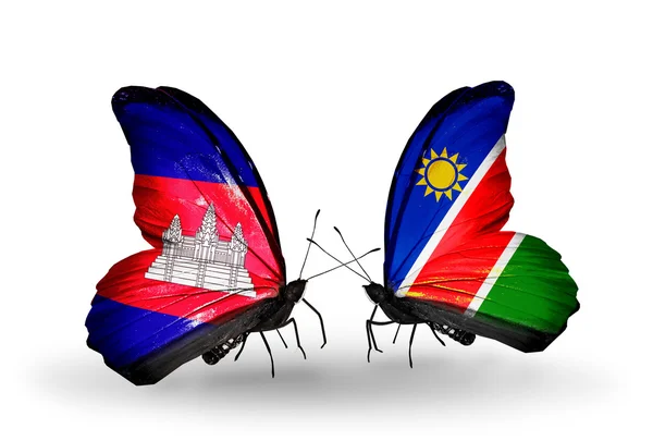 Papillons avec drapeaux Cambodge et Namibie sur les ailes — Photo