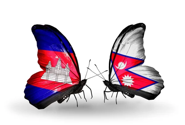 Butterflies with Cambodia and  Nepal flags on wings — Stock Photo, Image