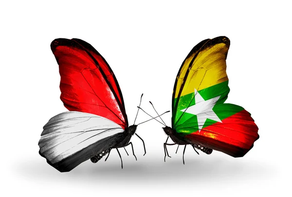 Borboletas com bandeiras de Mônaco, Indonésia e Mianmar em asas — Fotografia de Stock