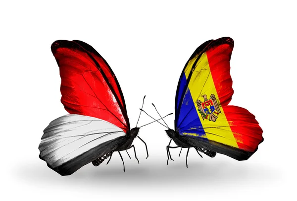 Mariposas con banderas de Mónaco, Indonesia y Moldavia en alas — Foto de Stock