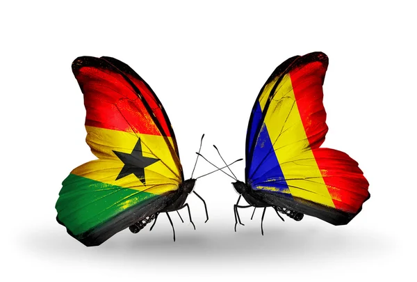 Papillons avec le Ghana et le Tchad, la Roumanie drapeaux sur les ailes — Photo