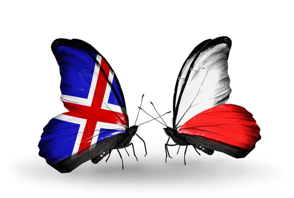Farfalle con bandiere Islanda e Polonia sulle ali — Foto Stock