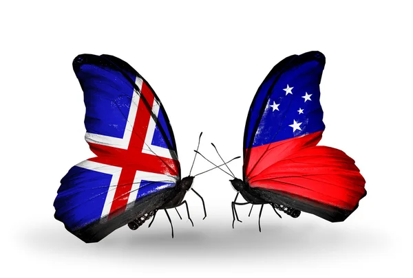 Butterflies with Iceland and Samoa flags on wings — Stock Photo, Image