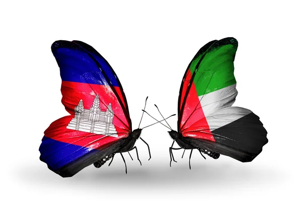 Butterflies with Cambodia and  United Arab Emirates flags on wings — Stock Photo, Image