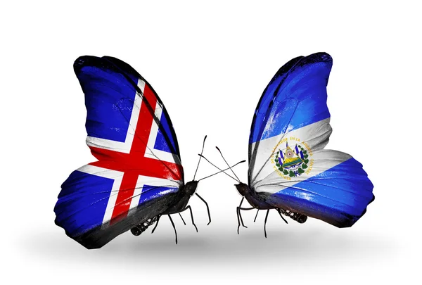 Butterflies with Iceland and Salvador flags on wings — Stock Photo, Image