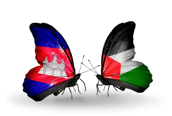 Butterflies with Cambodia and  Palestine flags on wings — Stock Photo, Image