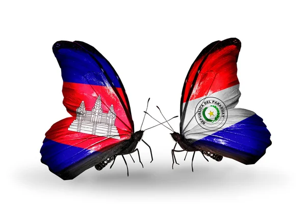 Butterflies with Cambodia and  Paraguay flags on wings — Stock Photo, Image