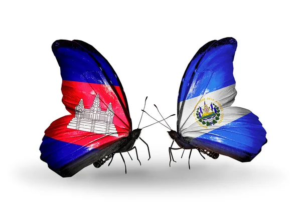 Papillons avec drapeaux Cambodge et Salvador sur les ailes — Photo