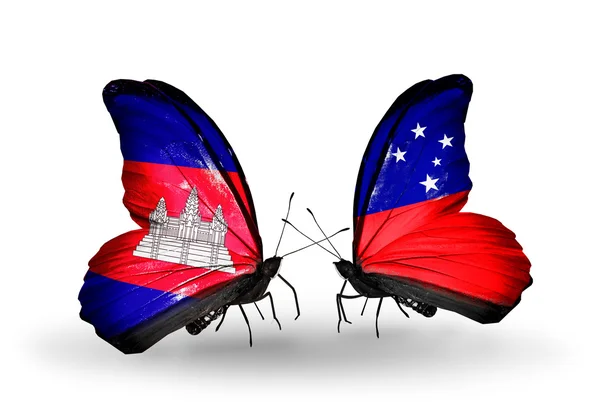 Butterflies with Cambodia and  Samoa flags on wings — Stock Photo, Image