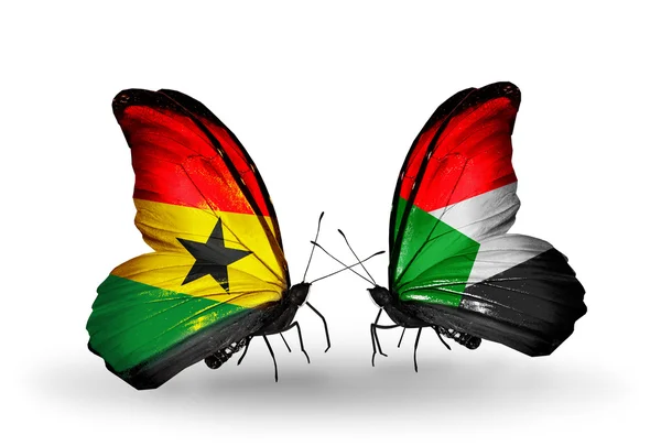 Πεταλούδες με σημαίες Γκάνα και Σουδάν με φτερά — Φωτογραφία Αρχείου