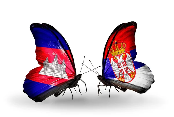 Butterflies with Cambodia and  Serbia flags on wings — Stock Photo, Image