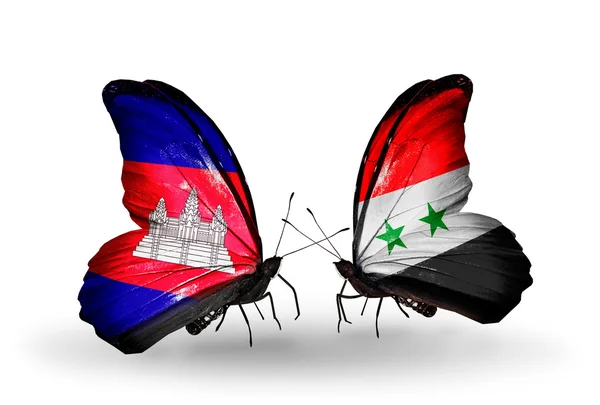 Butterflies with Cambodia and  Syria flags on wings — Stock Photo, Image