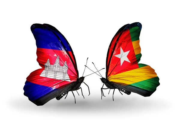 Butterflies with Cambodia and  Togo flags on wings — Stock Photo, Image