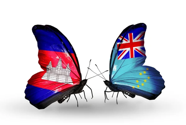 Butterflies with Cambodia and  Tuvalu flags on wings — Stock Photo, Image