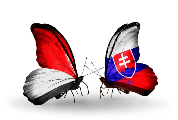 Kelebek kanatları üzerinde monaco, Endonezya ve Slovakya bayrağı ile — Stok fotoğraf