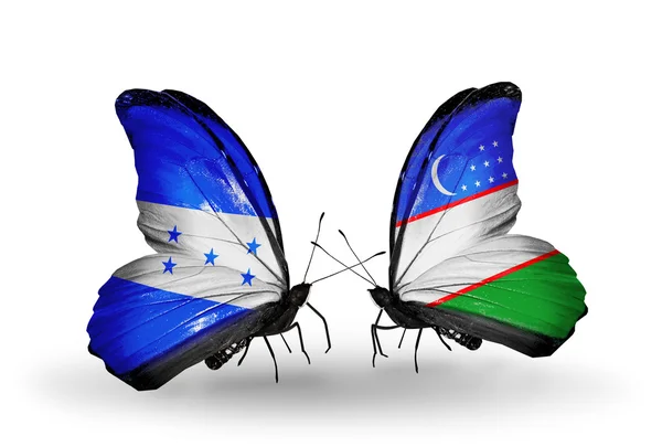 蝴蝶翅膀上的洪都拉斯和乌兹别克斯坦标志 — 图库照片