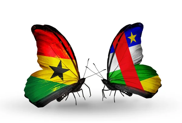 Butterflies with Ghana and Central African Republic flags on wings — Stock Photo, Image