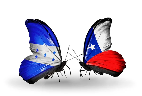 蝴蝶翅膀上的洪都拉斯和智利国旗 — 图库照片