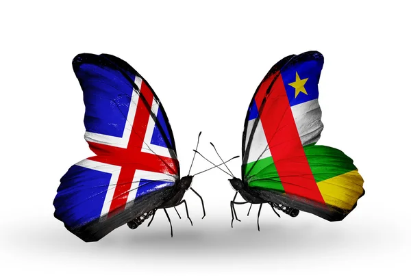 Butterflies with Iceland and Central African Republic flags on wings — Stock Photo, Image