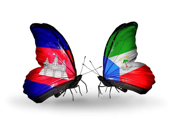 Butterflies with Cambodia and  Equatorial Guinea flags on wings — Stock Photo, Image