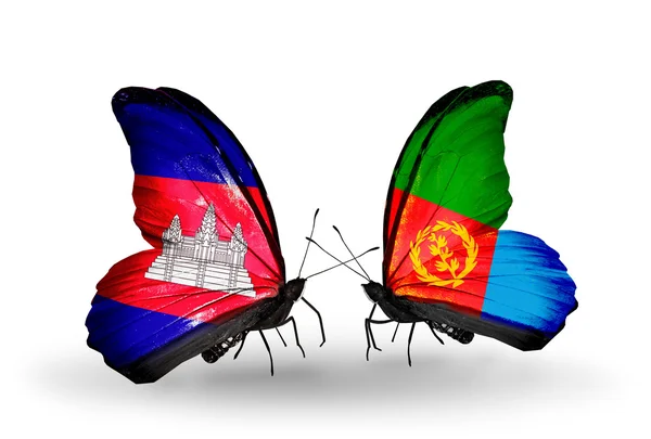 Butterflies with Cambodia and  Eritrea flags on wings — Stock Photo, Image