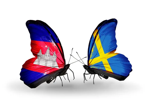 Butterflies with  Cambodia and  Sweden flags on wings — Stok fotoğraf
