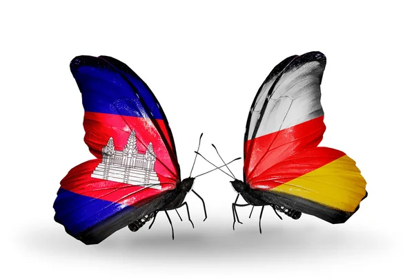 Butterflies with Cambodia and   South Ossetia flags on wings — Stock Photo, Image