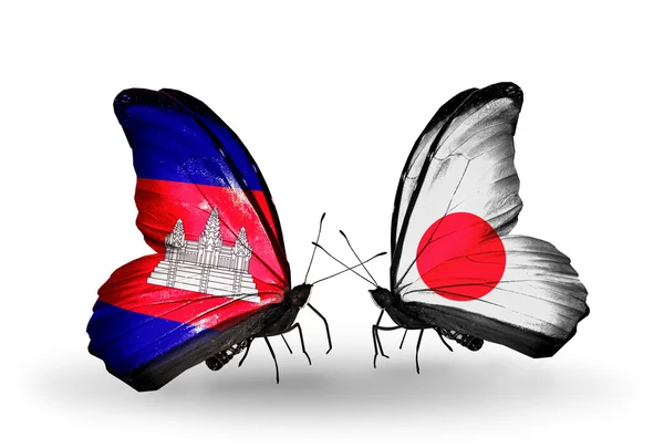 Papillons avec drapeaux Cambodge et Japon sur les ailes — Photo