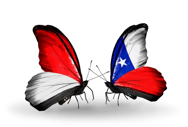 Mariposas con banderas de Mónaco, Indonesia y Chile en alas — Foto de Stock