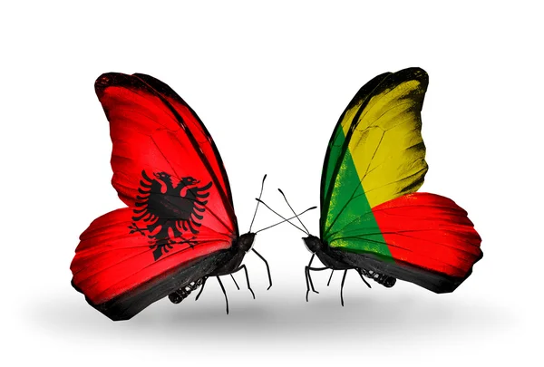 Butterflies with Albania and Benin flags — Stock Photo, Image