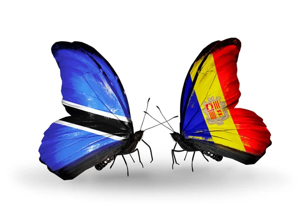 Butterflies with Botswana and Andorra flags — Stock Photo, Image