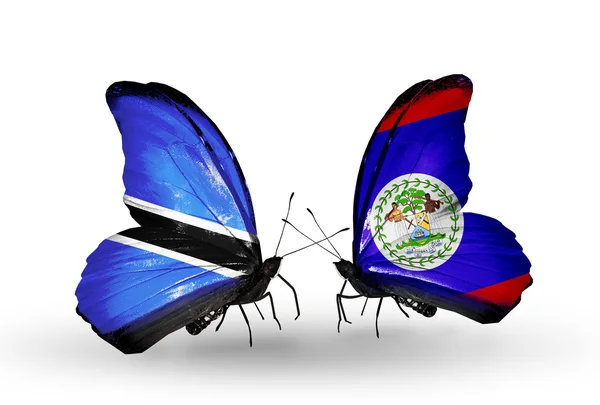 Butterflies with Botswana and Belize flags — Stock Photo, Image