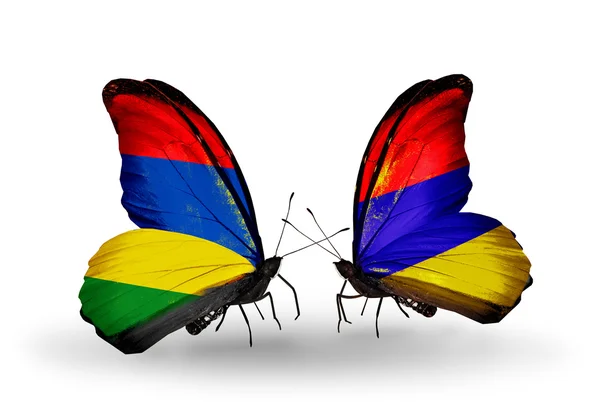 Butterflies with Mauritius and Armenia flags — Stock Photo, Image