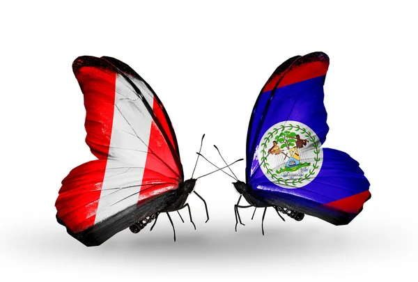 Butterflies with Peru and Belizeflags — Stock Photo, Image