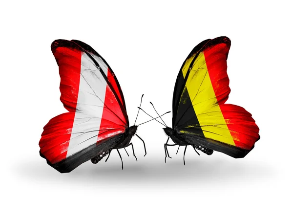 Butterflies with  Peru and Belgium flags — Stock Photo, Image