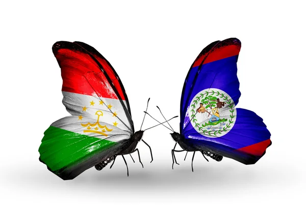 Borboletas com bandeiras do Tajiquistão e Belize — Fotografia de Stock