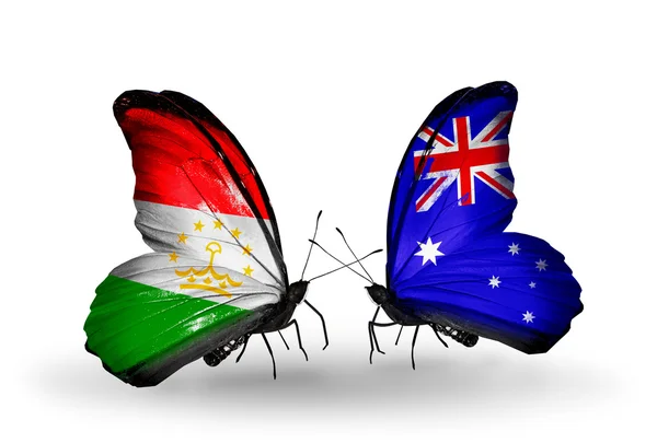Butterflies with Tajikistan and Australia flags — Stock Photo, Image