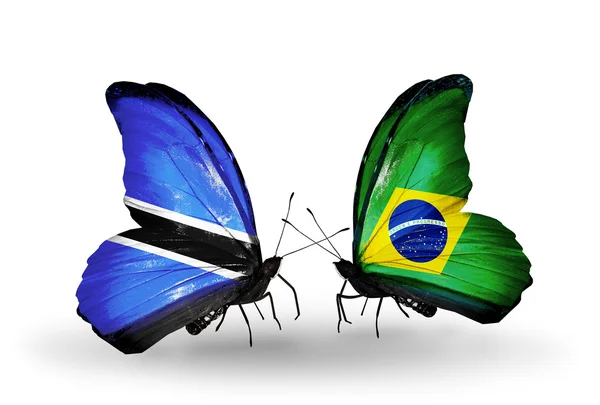 Butterflies with Botswana and Brazil flags — Stock Photo, Image