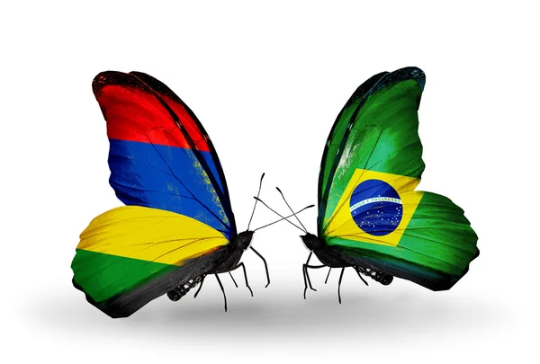 Butterflies with Mauritius and Brazil flags — Stock Photo, Image