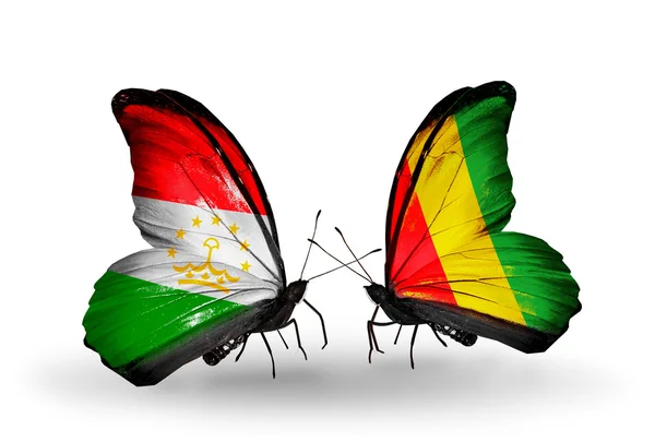 Fjärilar med Tadzjikistan och guinea flaggor — Stockfoto