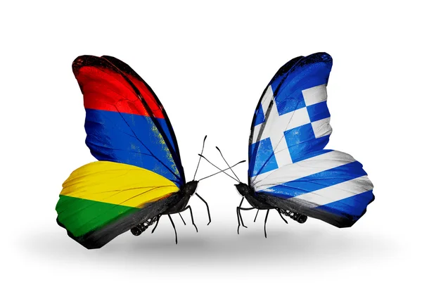 Butterflies with  Mauritius and Greece flags — Stock Photo, Image